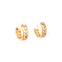 A pair of rose gold-filled "Tiny Zirconia Stones Huggies Earrings" showcasing a lattice pattern with miniature zirconia stones. These hypoallergenic earrings feature a shiny, polished finish and come with a clasp closure, elegantly displayed against a plain white background.